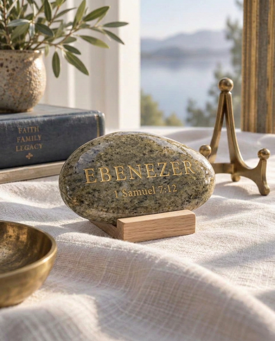 An EBENEZER stone engraved with 1 Samuel 7:12