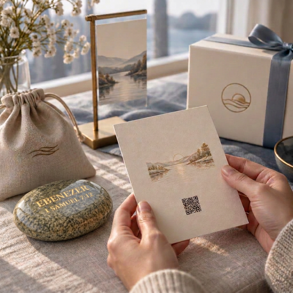 A testimony card, keepsake pouch, gift box, and EBENEZER Stone